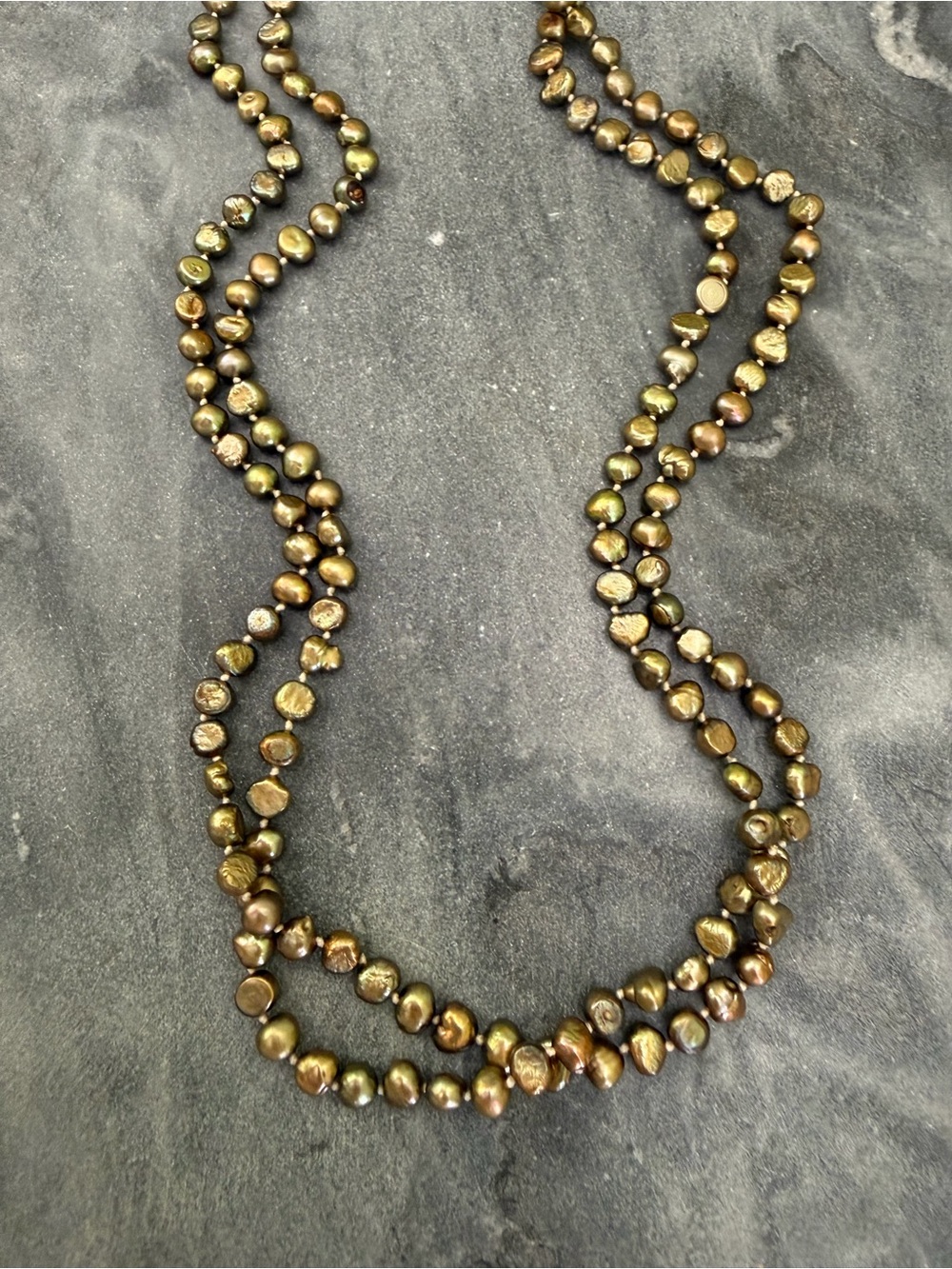 Vintage Iridescent Green Gold Baroque Pearl Long Necklace